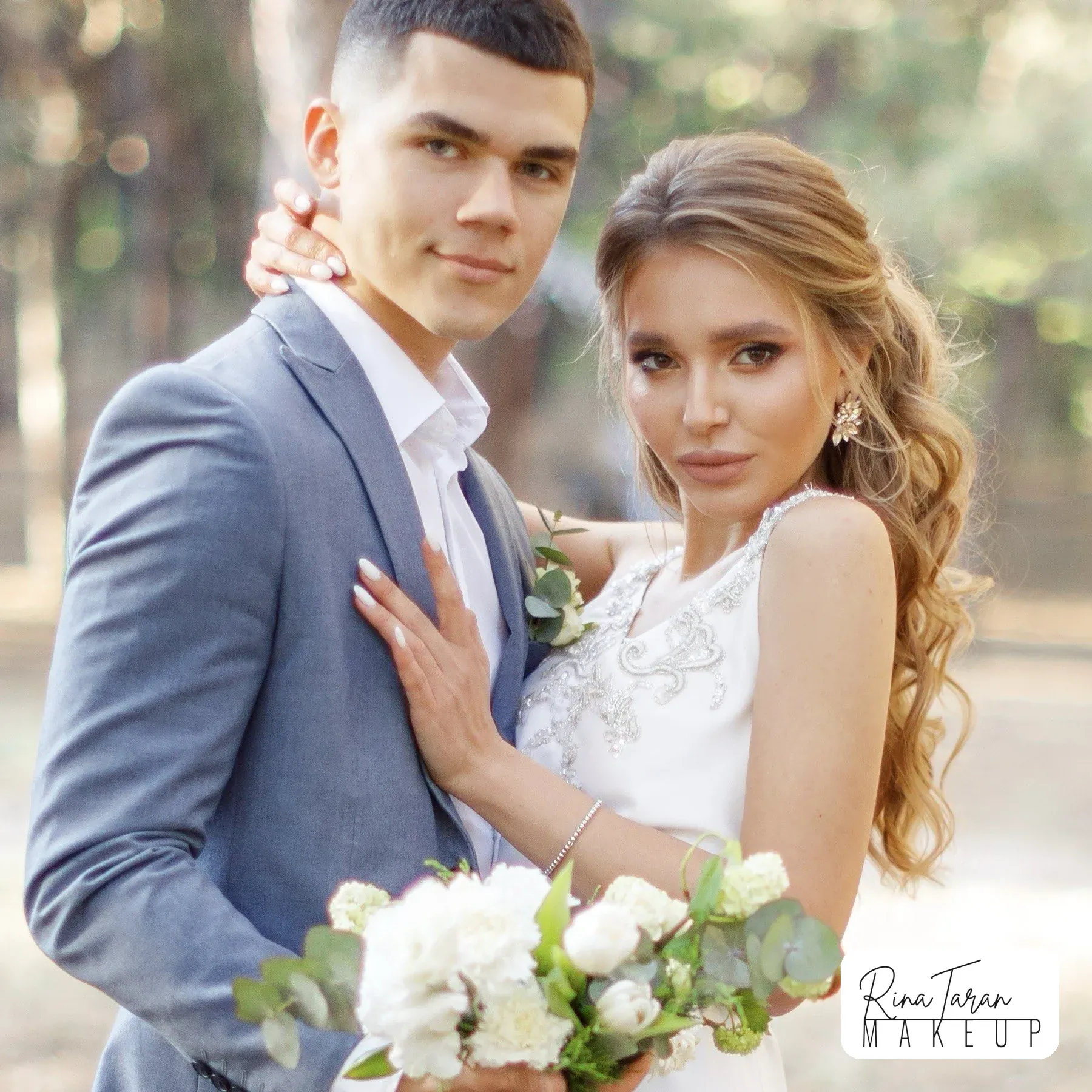 Soft bridal makeup on blonde hair: fresh skin and a warm nude lip
