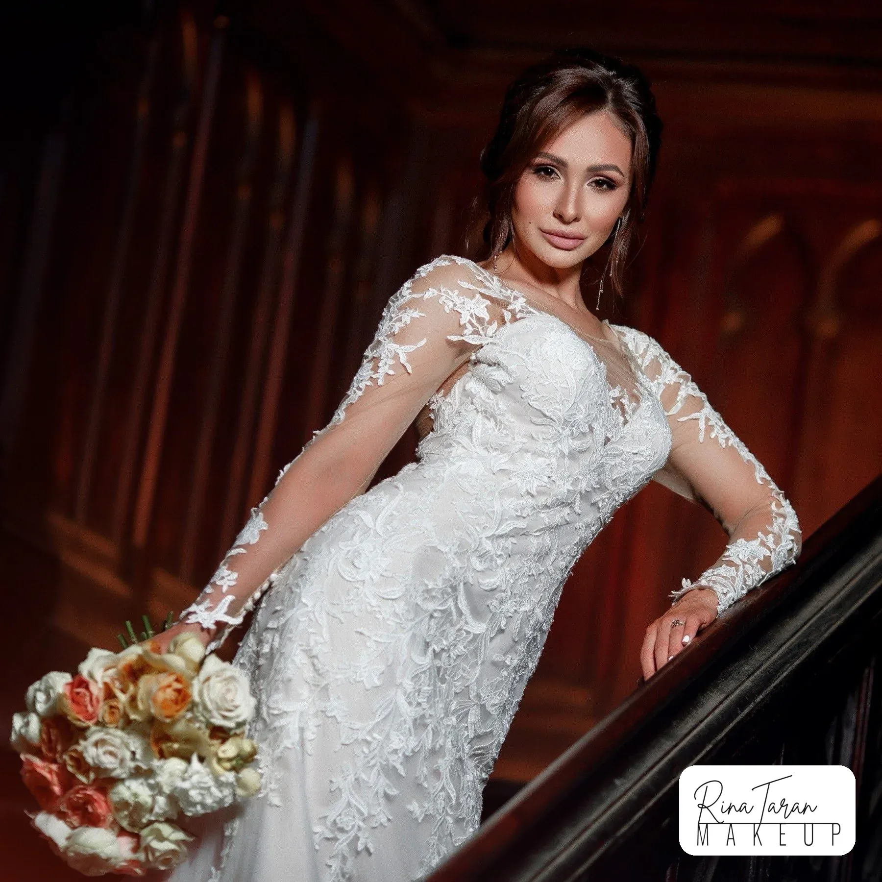 Wedding makeup for brown hair: soft bronze eye and a rose lip