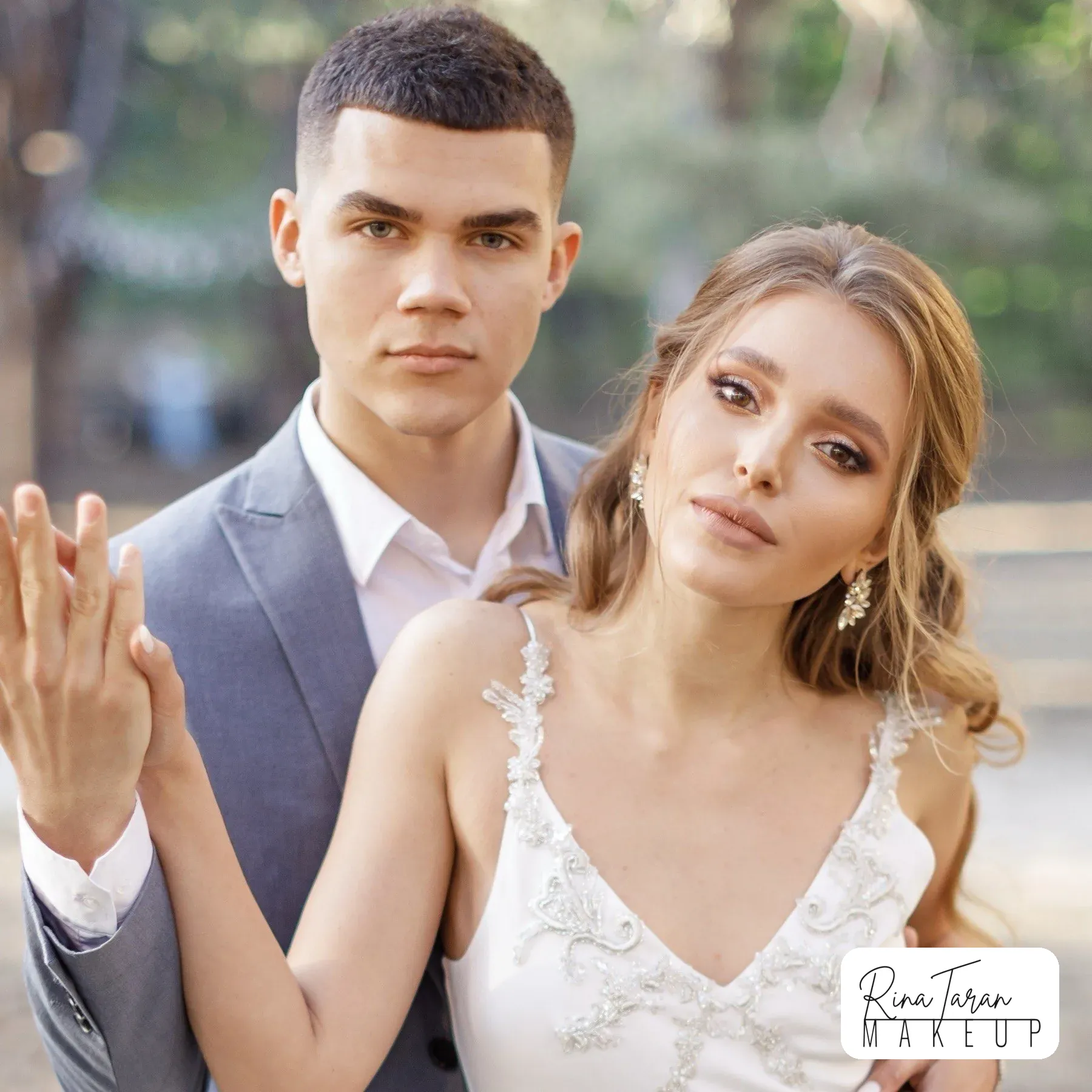 Soft bridal makeup for a couple portrait: light base and a warm lip