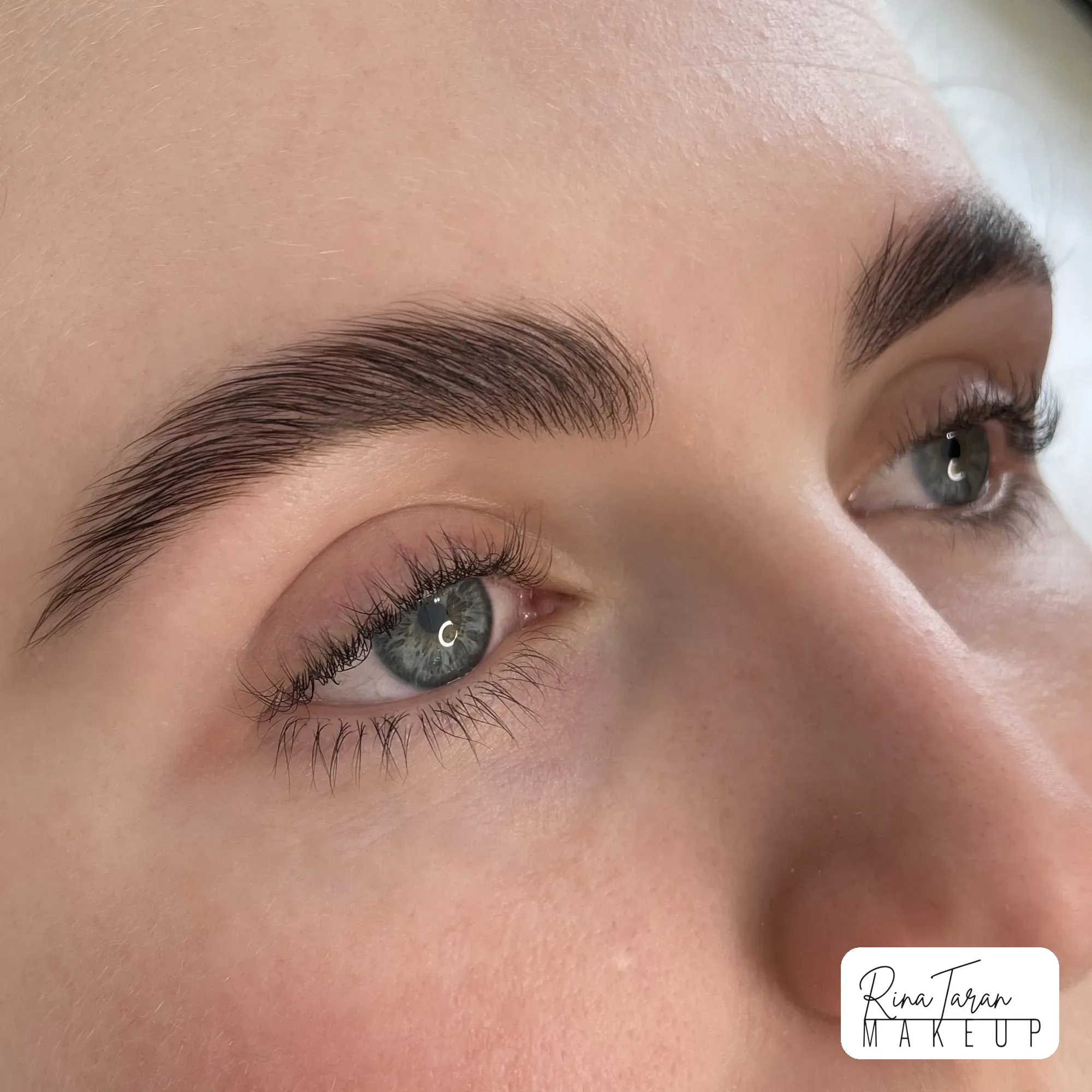 Laminated brows brushed up and set, holding their direction