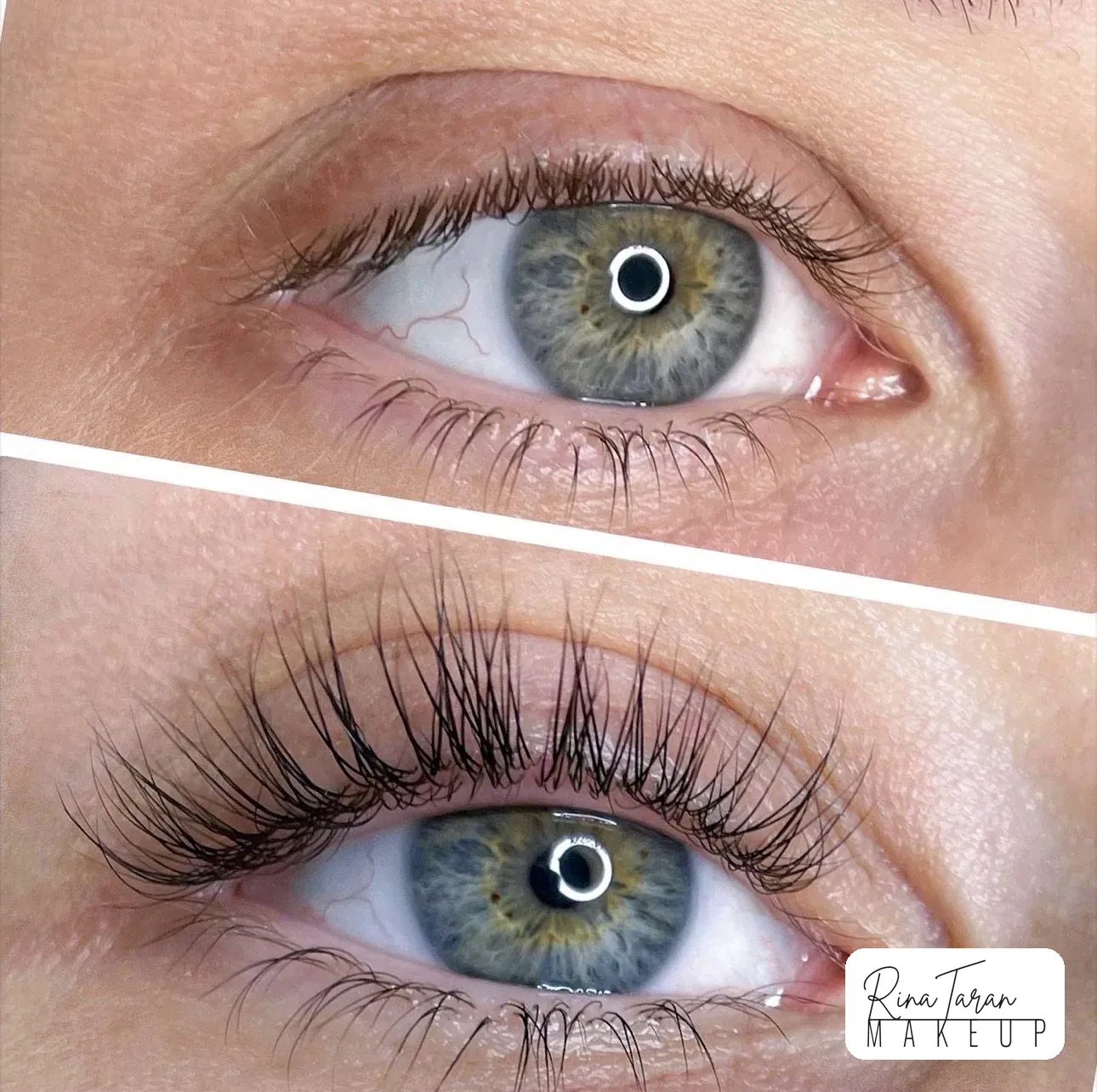 Lash lift, the same eye before and after, natural lashes curled from the root