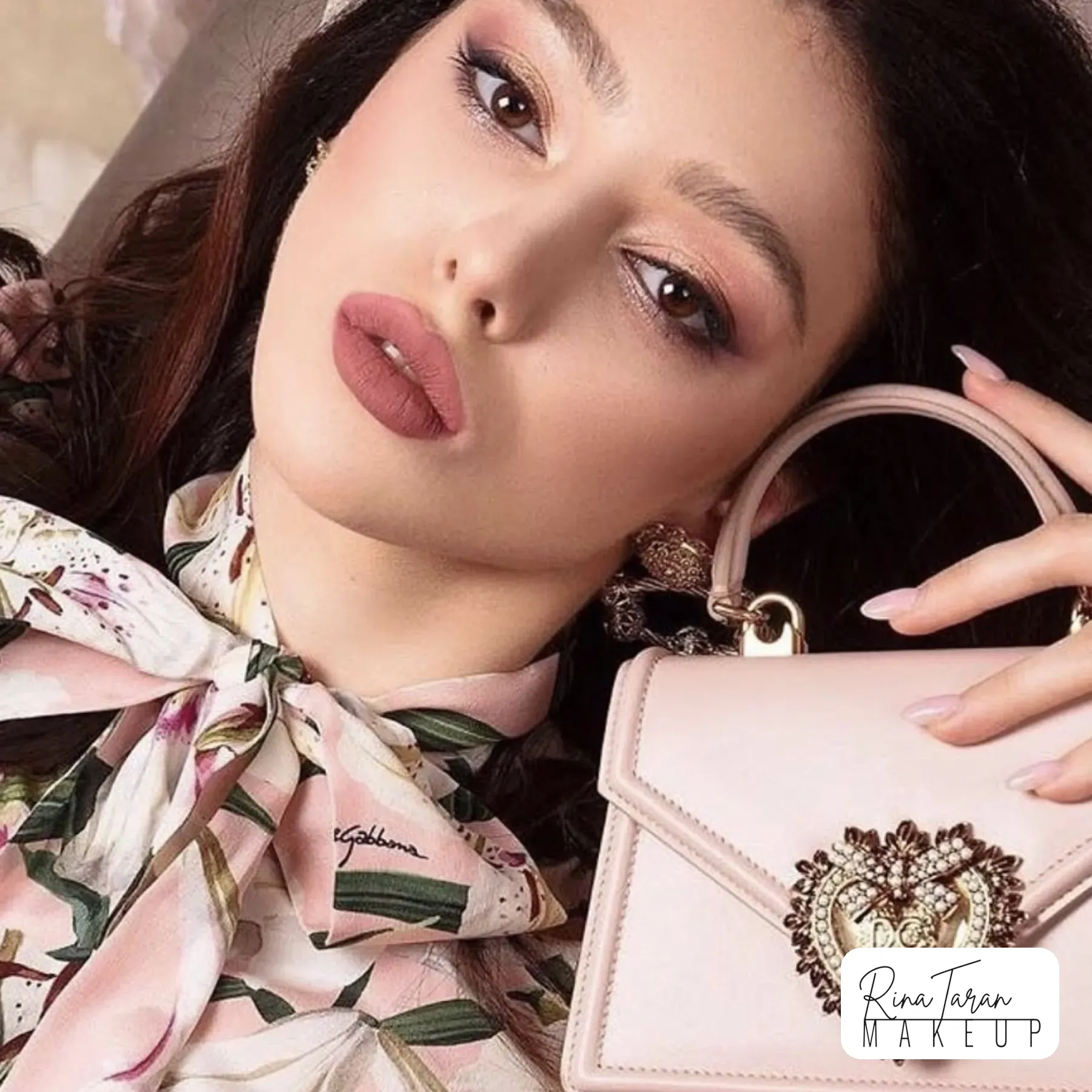 Campaign style shoot: soft rosy eye, brown nude lip and a floral silk scarf