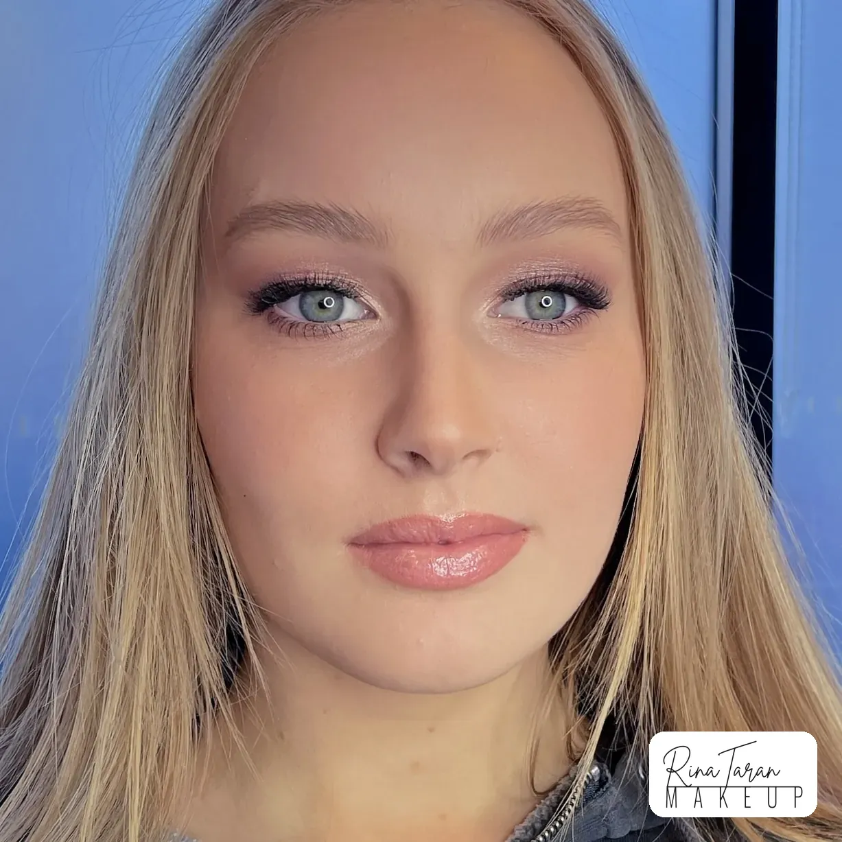 A first formal look kept soft, with a mauve shimmer lid and a clear glossy lip