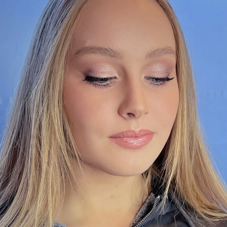 School formal makeup and hair in Melbourne: a rose shimmer lid and a glossy peach lip