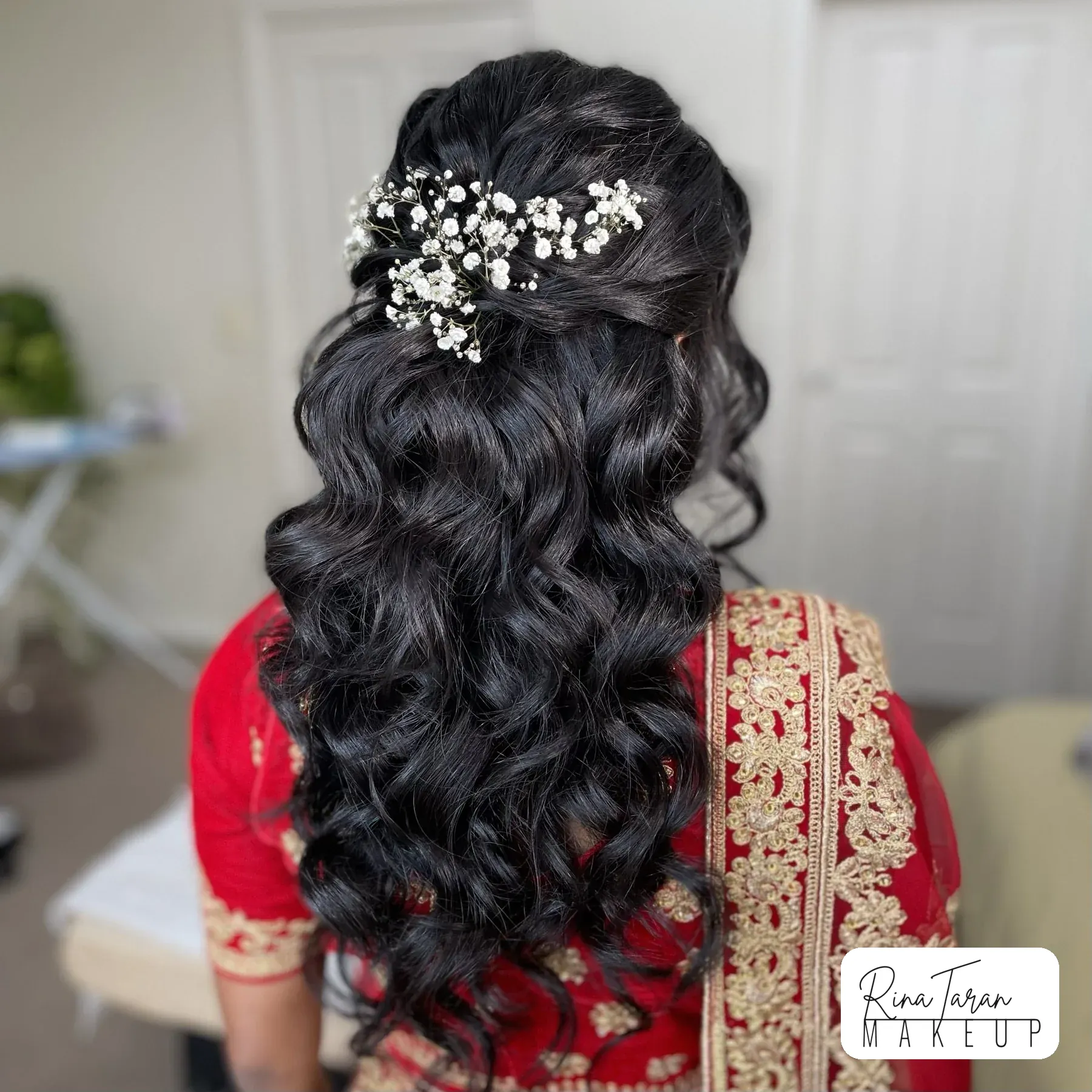 Half up waves with white flowers pinned in, Sri Lankan wedding hair styling