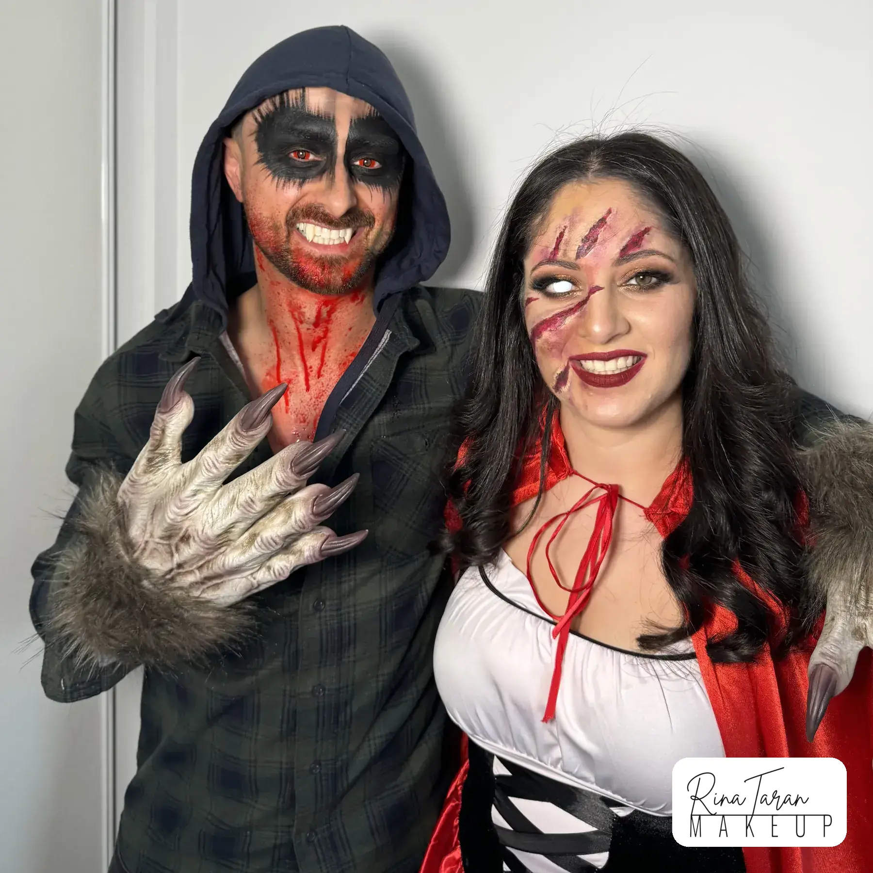 Halloween makeup look for a couple, a wounded Red Riding Hood and a blooded creature