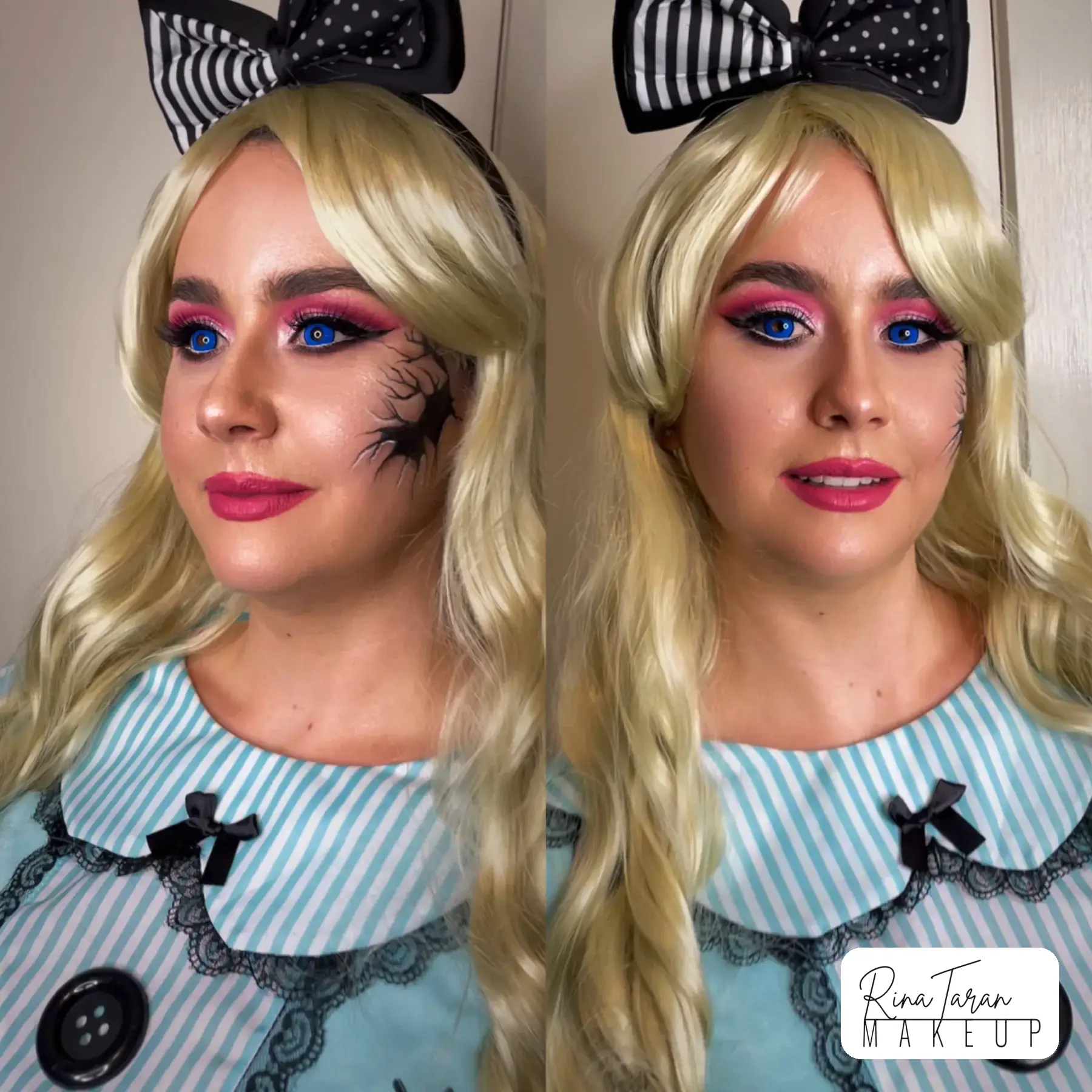 Broken doll makeup with cracked porcelain painted across the cheek, blue lenses and a deep pink lip