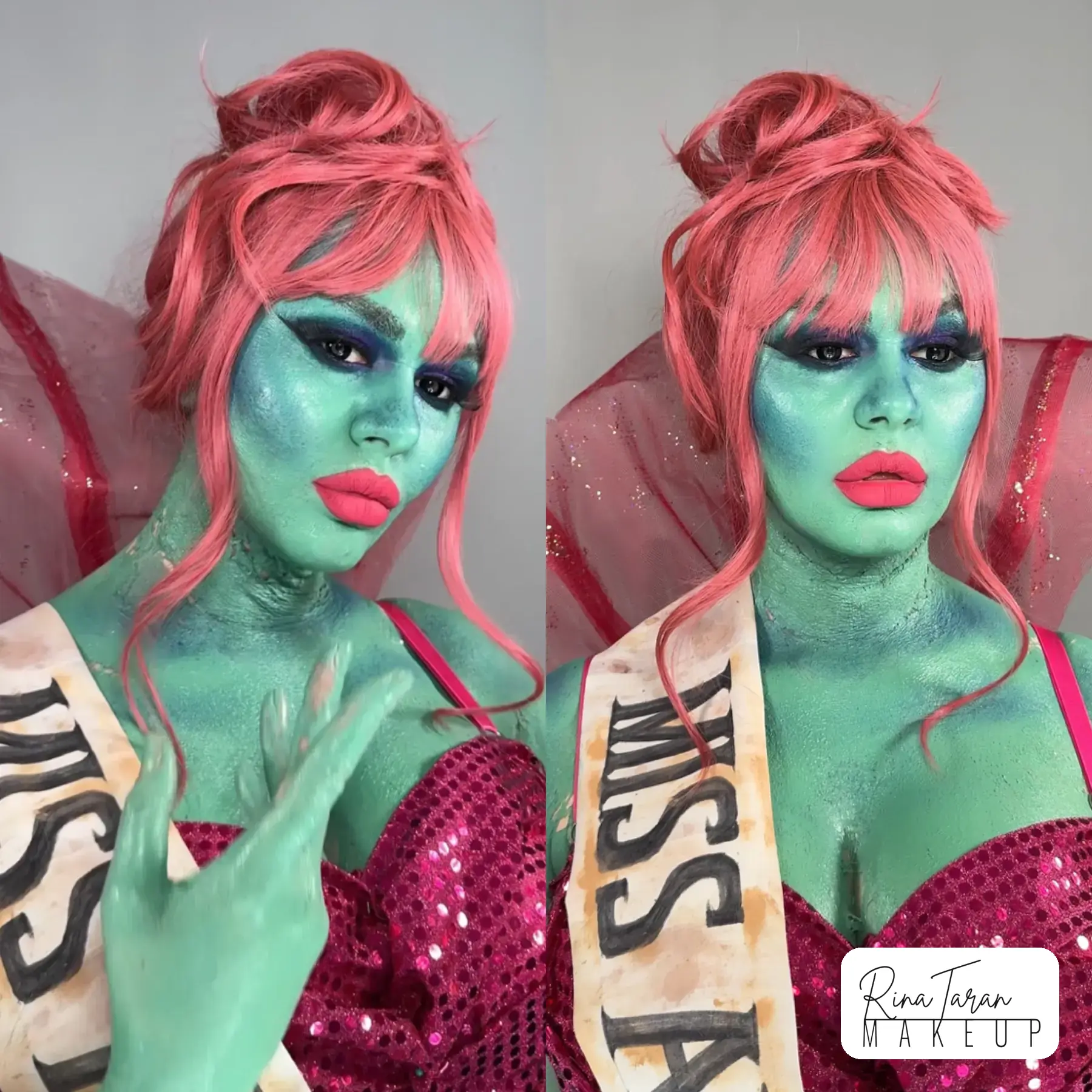 Miss Argentina makeup from Beetlejuice, green skin, a blue smoked lid and a coral lip