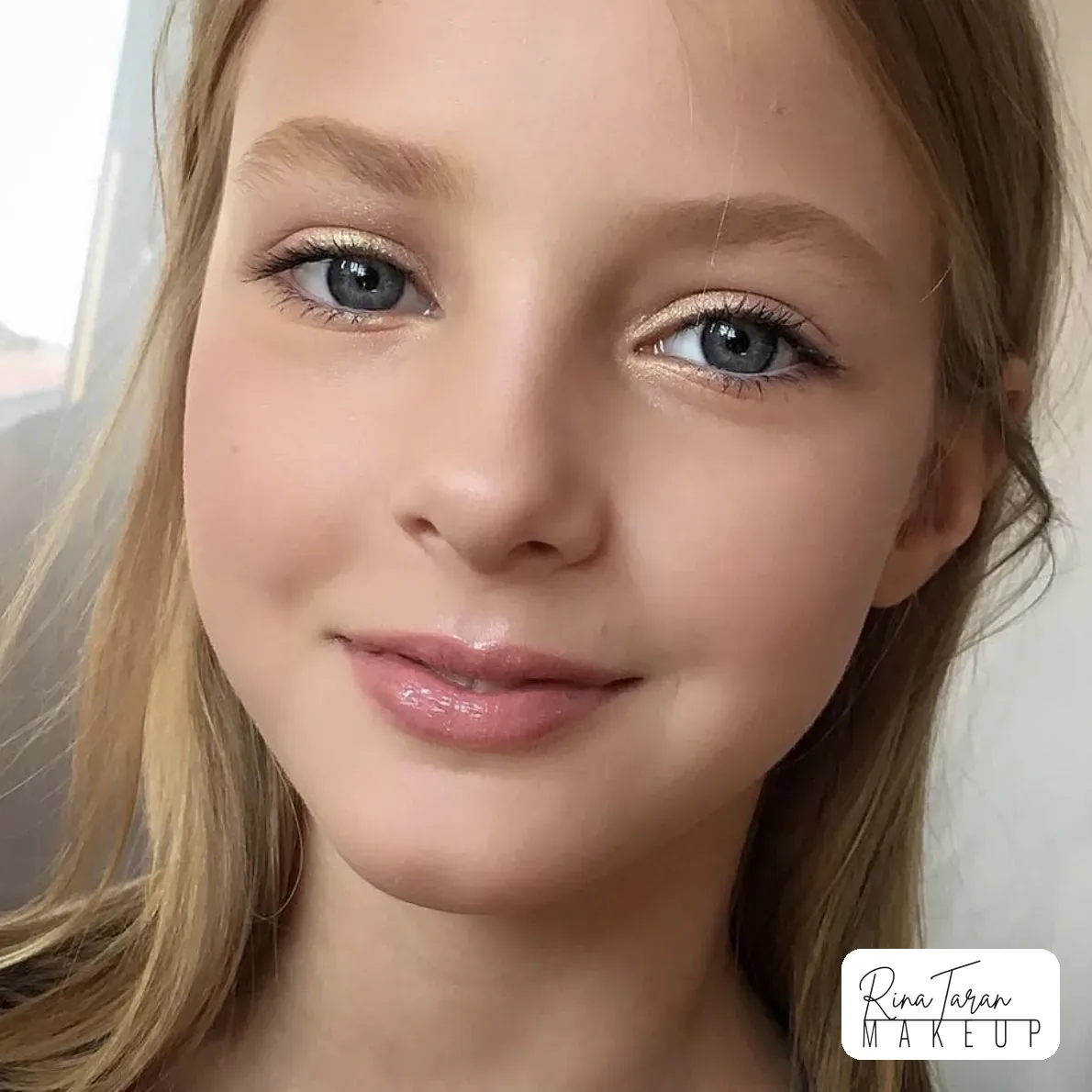 Kids and teens makeup, light age-appropriate look with a soft gold lid