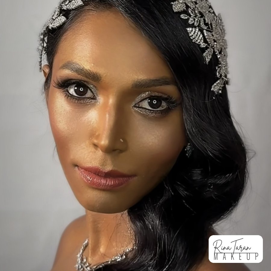 Gold eye makeup and a jewelled bridal headpiece, South Asian wedding look in Melbourne